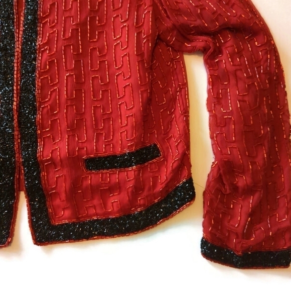 Vtg Scala red silk beaded sparkly evening party special Event short jacket Sz M - Picture 4 of 11